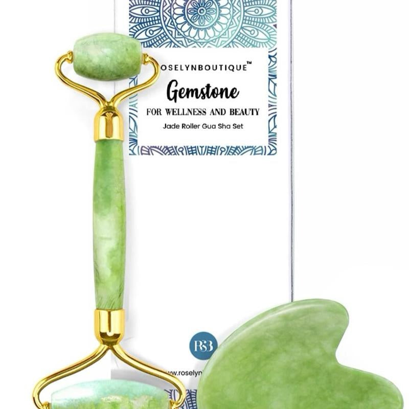 Gua Sha Stone & Jade Face Roller Set- Anti Aging Jade Gua Sha Face Massage Tool for Wrinkles- Eye Roller for Dark Circles and Puffiness- Easter- Organic Face Rollers for Women & Men- Jawline Shaperner