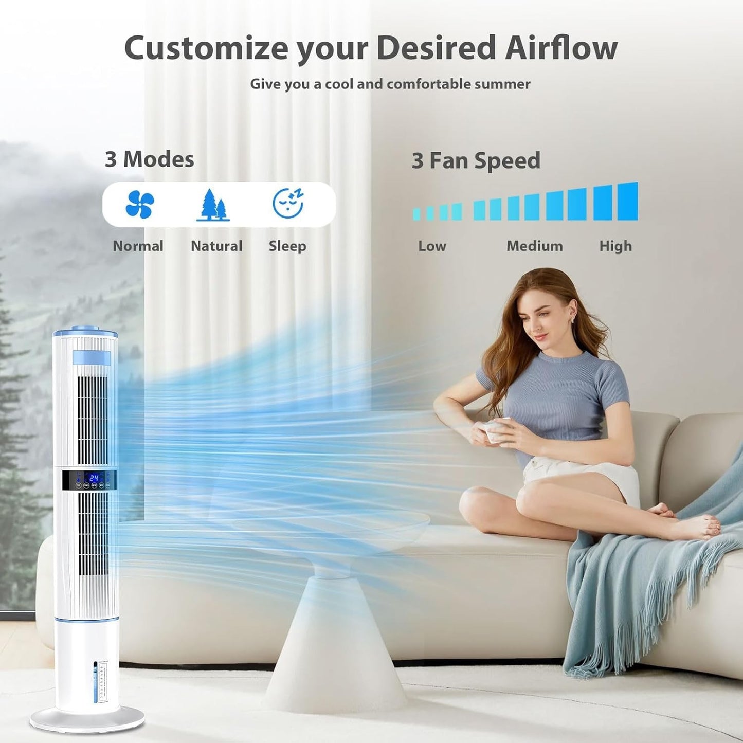 Mobile Air Conditioners, 4 in 1 Tower Fan/Air Purifier/Humidifier/Evaporative Coolers 65W 1-24H Timer 4 Mode 8M/S Wind w/ 4 Ice Box 10M Remote Control Air Conditioning for Home/Bedroom/Office
