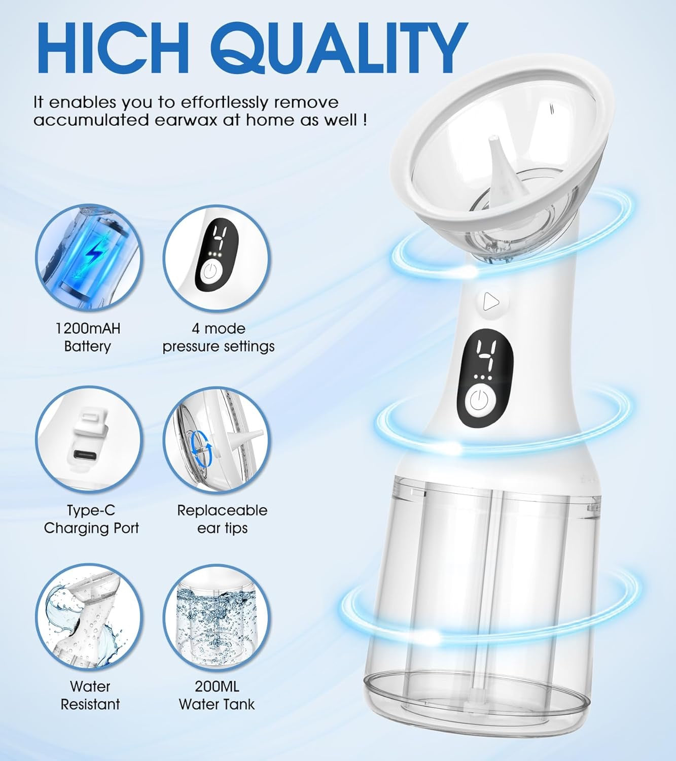 Automatic Ear Wax Removal,Upgrade USB Electric Water Powered Ear Cleaner with 4 Cleaning Modes IPX7 Waterproof Ear Irrigation System Reusable Ear Flushing Cleaning Tool for Kids Adults