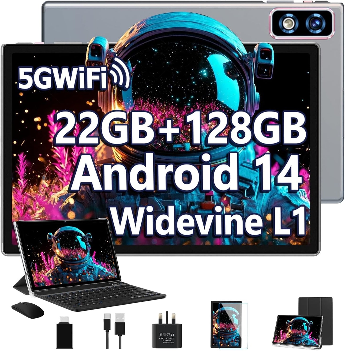 10 Inch Android 14 Tablets, 22GB RAM+128GB ROM(TF 1TB), 8000mAh, 8-Core 2.0 GHz, 5G WiFi, Widevine L1, Netflix FHD, 8+5MP, GMS | BT5.0 | Face ID, Tablet with keyboard&Mouse, Grey