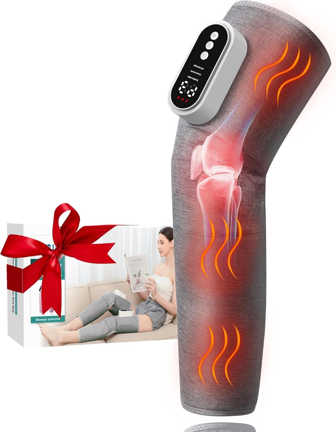 Cordless Leg Massager, Electric Leg Airbag Massager with 3 Modes & Intensity & Knee Heating, with LCD Display, Lymphatic Drainage Massagers with 15 Minutes Timer - Single
