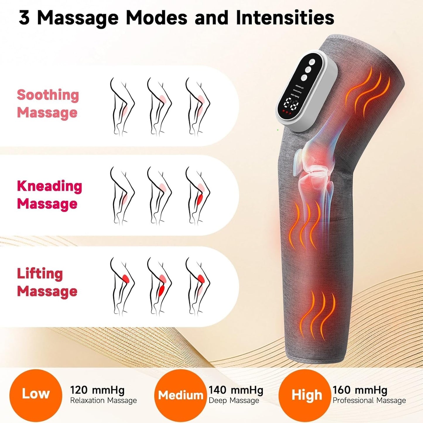 Cordless Leg Massager, Electric Leg Airbag Massager with 3 Modes & Intensity & Knee Heating, with LCD Display, Lymphatic Drainage Massagers with 15 Minutes Timer - Single