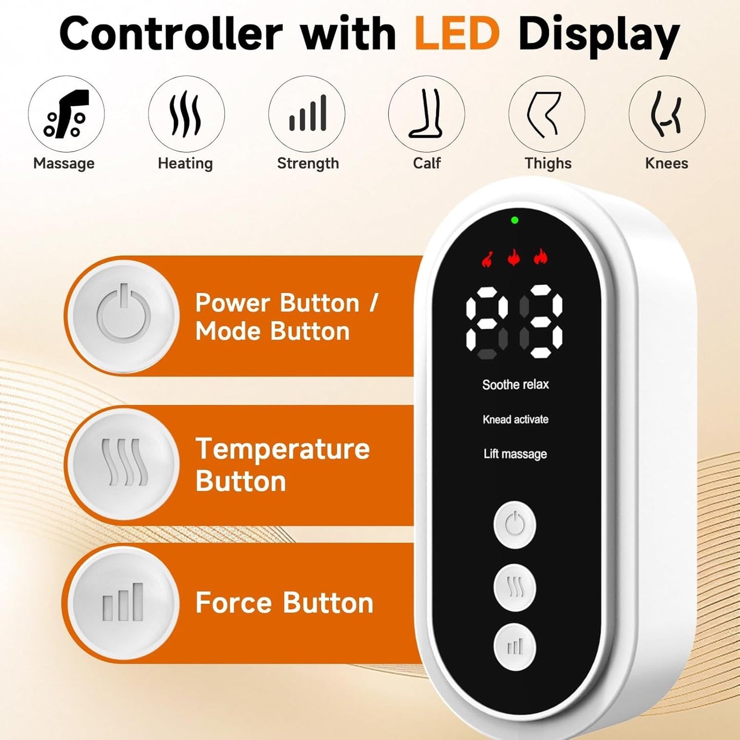 Cordless Leg Massager, Electric Leg Airbag Massager with 3 Modes & Intensity & Knee Heating, with LCD Display, Lymphatic Drainage Massagers with 15 Minutes Timer - Single