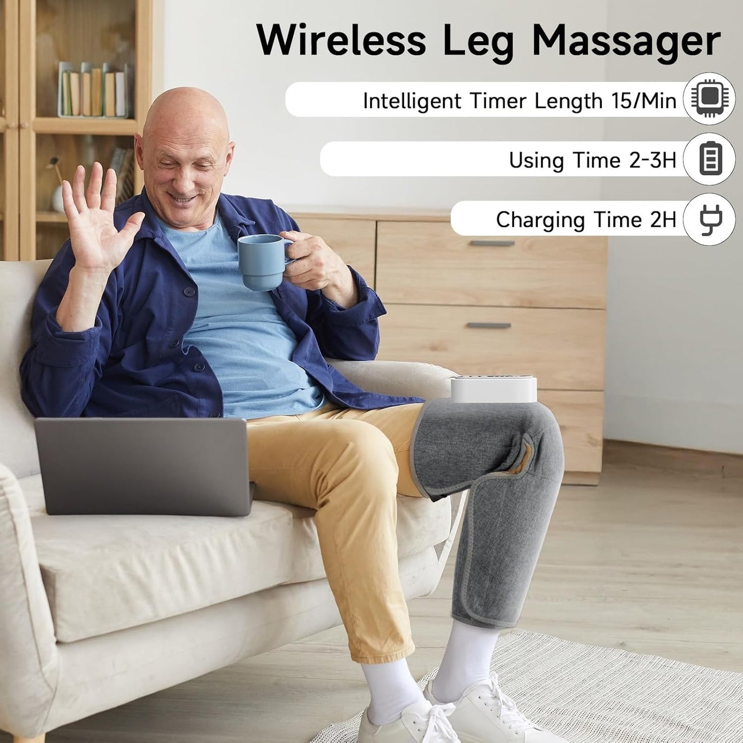 Cordless Leg Massager, Electric Leg Airbag Massager with 3 Modes & Intensity & Knee Heating, with LCD Display, Lymphatic Drainage Massagers with 15 Minutes Timer - Single