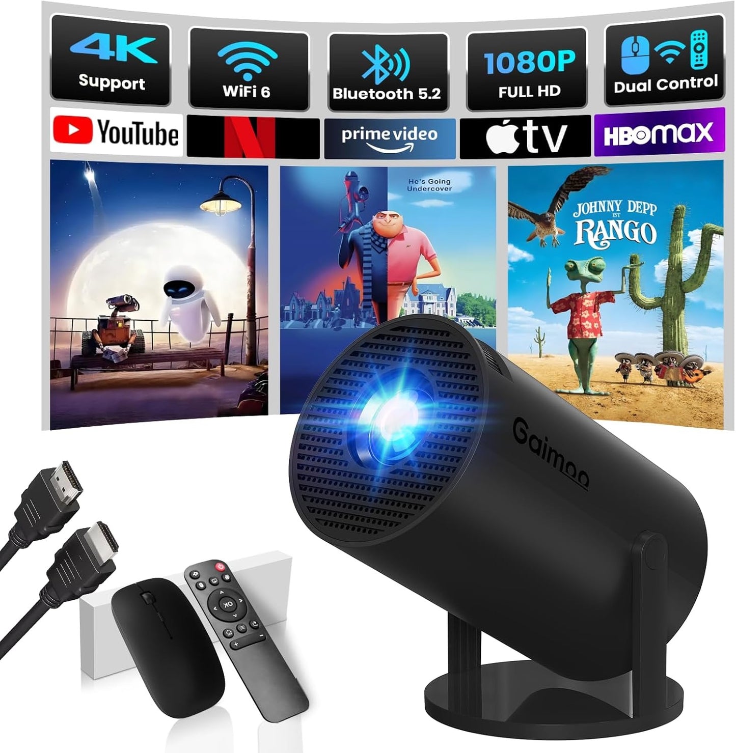 2025 Newest Mini Projector 1080P FHD 4K Support Projector with Mouse Portable Projector with WiFi and Bluetooth 180° Adjustable Auto Keystone HDMI/TV Stick/USB/PS5/Laptop, with HDMI Cable & Mouse