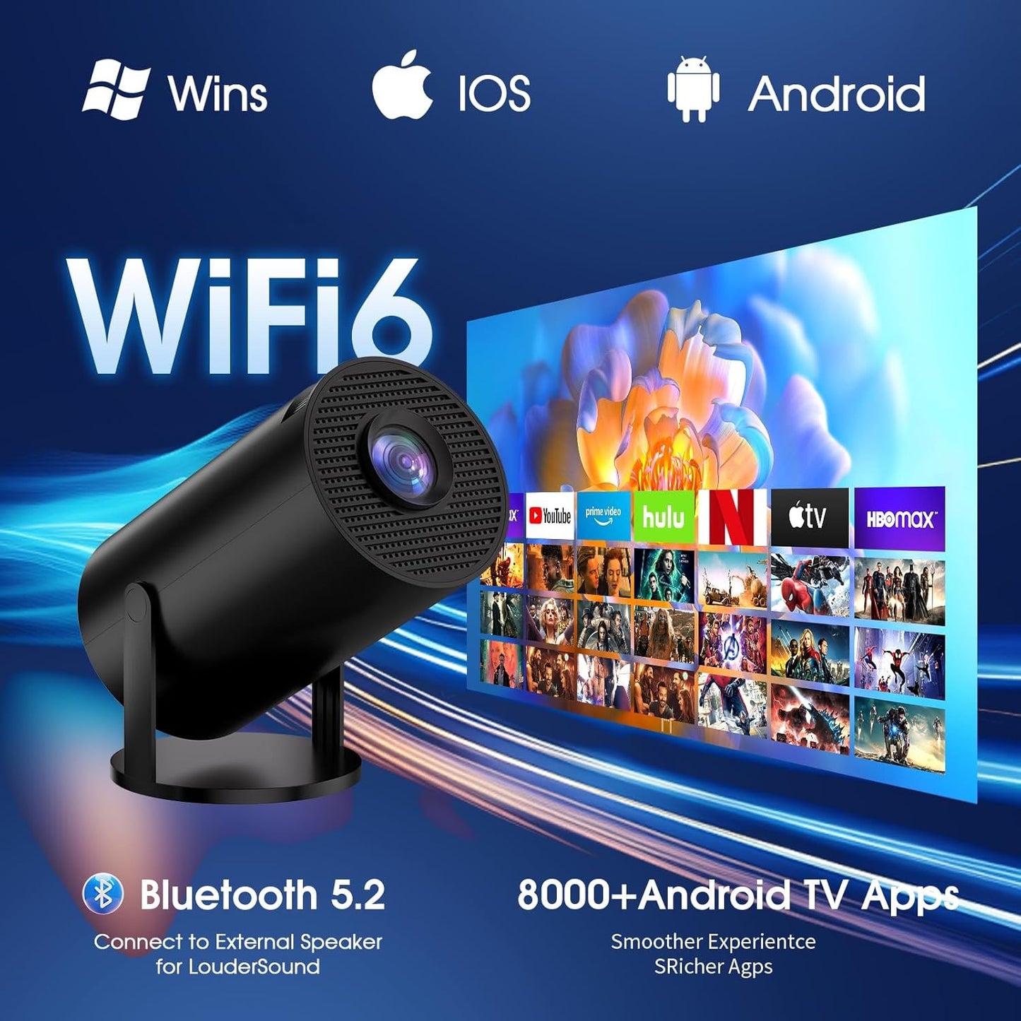 2025 Newest Mini Projector 1080P FHD 4K Support Projector with Mouse Portable Projector with WiFi and Bluetooth 180° Adjustable Auto Keystone HDMI/TV Stick/USB/PS5/Laptop, with HDMI Cable & Mouse