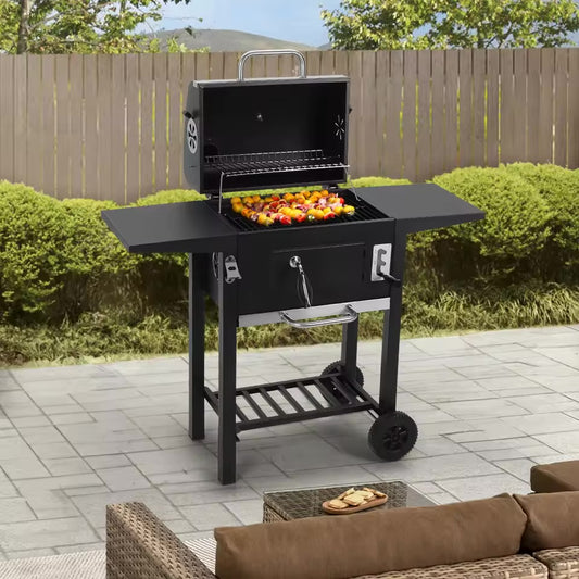 Outdoor Charcoal Grill with Smoke Stack with Wheels Bottom Tray