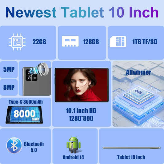 Tablet Android 14 10 inch, 22GB+128GB, Octa-Core, 800 * 1280 HD丨WiFi 6丨BT 5.0丨8000mAh丨5MP+8MP, Widevine L1, Tablet Case-Gray