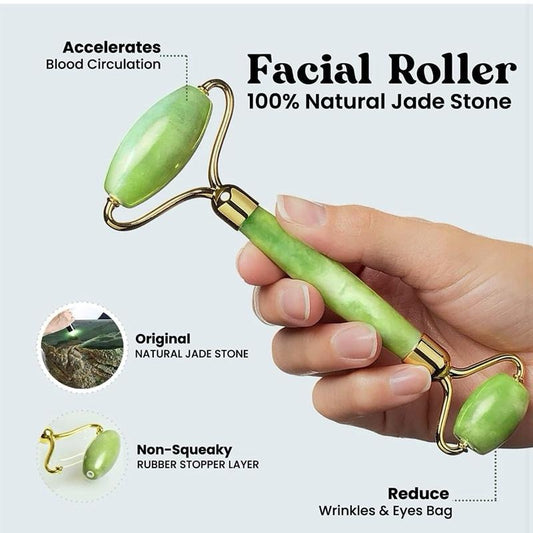 Gua Sha Stone & Jade Face Roller Set- Anti Aging Jade Gua Sha Face Massage Tool for Wrinkles- Eye Roller for Dark Circles and Puffiness- Easter- Organic Face Rollers for Women & Men- Jawline Shaperner