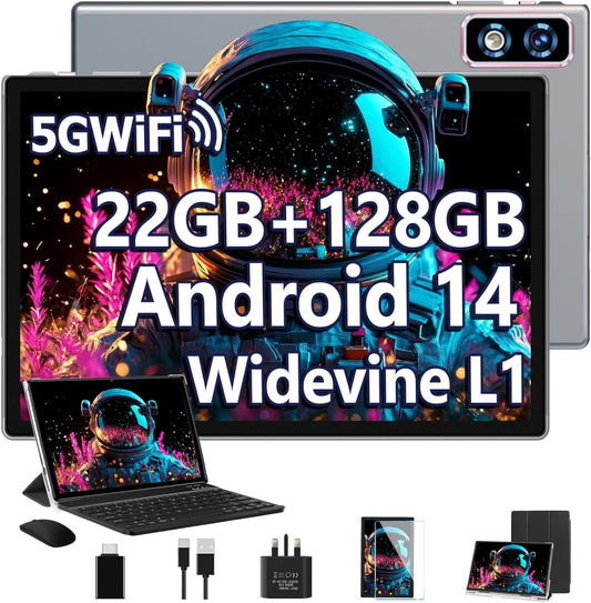 10 Inch Android 14 Tablets, 22GB RAM+128GB ROM(TF 1TB), 8000mAh, 8-Core 2.0 GHz, 5G WiFi, Widevine L1, Netflix FHD, 8+5MP, GMS | BT5.0 | Face ID, Tablet with keyboard&Mouse, Grey