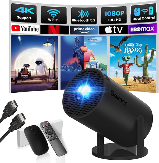 2025 Newest Mini Projector 1080P FHD 4K Support Projector with Mouse Portable Projector with WiFi and Bluetooth 180° Adjustable Auto Keystone HDMI/TV Stick/USB/PS5/Laptop, with HDMI Cable & Mouse