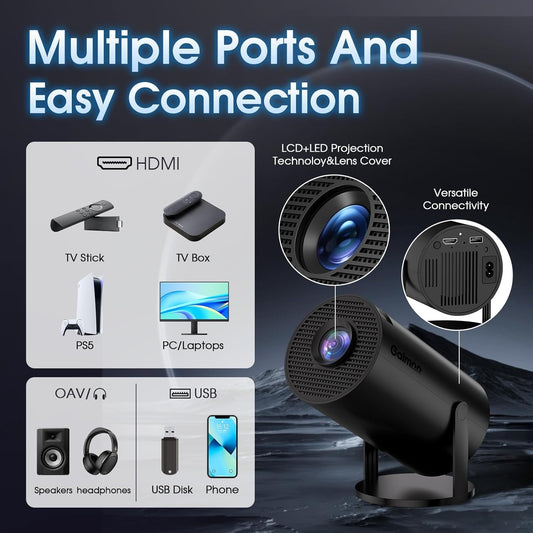2025 Newest Mini Projector 1080P FHD 4K Support Projector with Mouse Portable Projector with WiFi and Bluetooth 180° Adjustable Auto Keystone HDMI/TV Stick/USB/PS5/Laptop, with HDMI Cable & Mouse