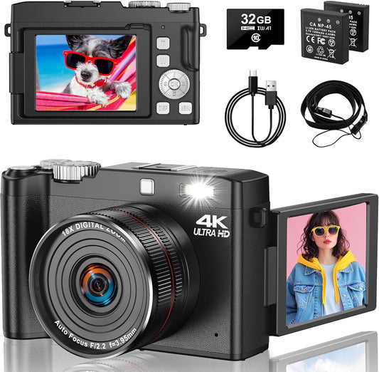 4K Digital Camera - 64MP Autofocus Vlogging Camera, One-Touch Macro & 18X Digital Zoom, 2.8” 180° Flip Screen Compact Cameras for Beginners & Adults, Includes 32GB SD Card & 2 Batteries.