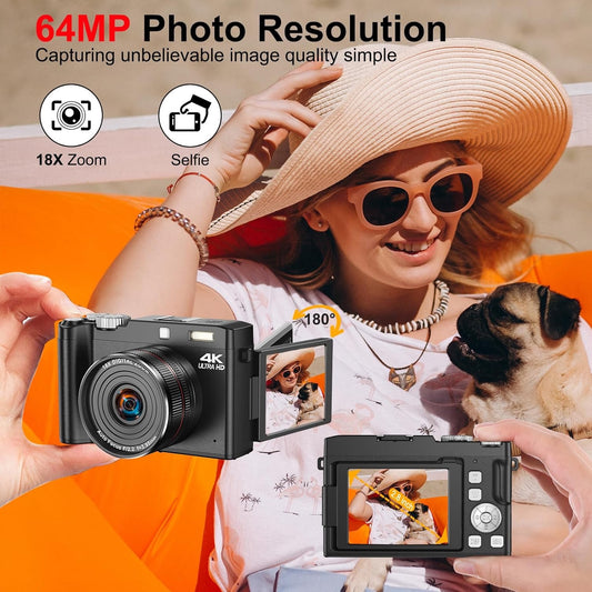 4K Digital Camera - 64MP Autofocus Vlogging Camera, One-Touch Macro & 18X Digital Zoom, 2.8” 180° Flip Screen Compact Cameras for Beginners & Adults, Includes 32GB SD Card & 2 Batteries.