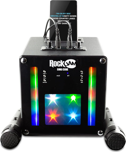 RockJam Singcube 5 Watt Bluetooth Karaoke Machine with Dual Microphones, Voice Change Effects and LED Lights, Black Visit the Rockjam Store