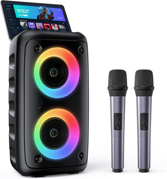 Karaoke Machine, Portable Bluetooth Speaker with 2 Wireless Karaoke Microphones, Karaoke for Adults Kids with Upgraded Subwoofer, PA System, Support TWS/TF/USB/AUX, Party