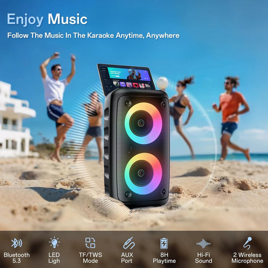 Karaoke Machine, Portable Bluetooth Speaker with 2 Wireless Karaoke Microphones, Karaoke for Adults Kids with Upgraded Subwoofer, PA System, Support TWS/TF/USB/AUX, Party
