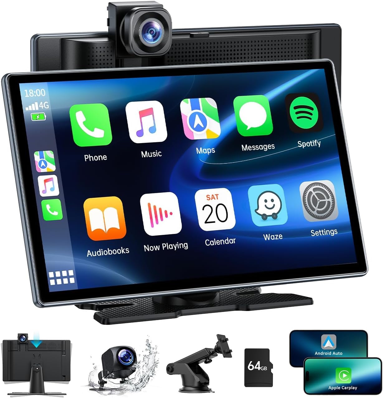 Wireless Car Stereo for Apple CarPlay Android Auto, 9 Inch Portable Car Audio Receiver with 4K Dash Cam, 1080P Rear Camera, Carplay Screen Radio with Bluetooth 5.0/Mirror Link/Siri/GPS/FM/AUX