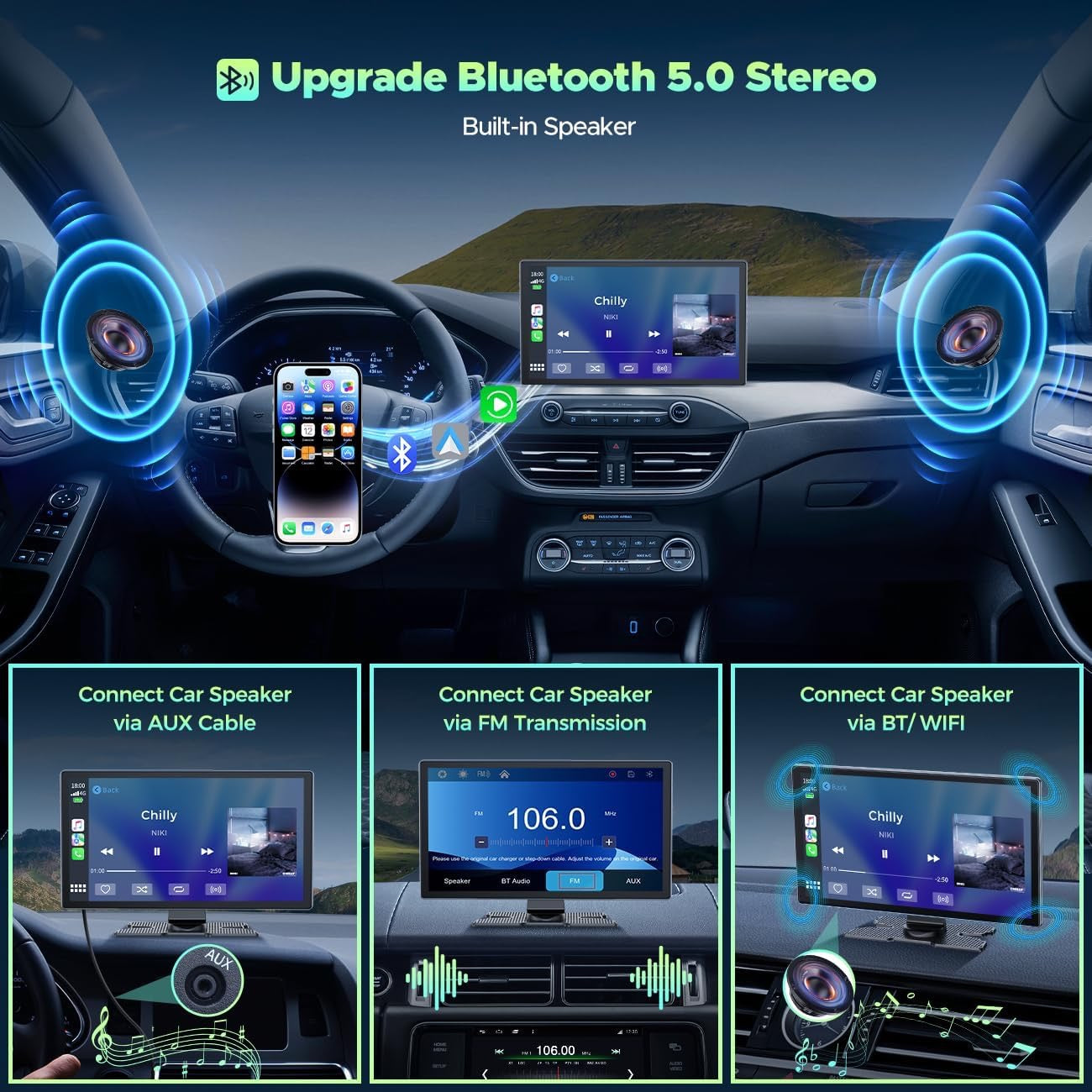 Wireless Car Stereo for Apple CarPlay Android Auto, 9 Inch Portable Car Audio Receiver with 4K Dash Cam, 1080P Rear Camera, Carplay Screen Radio with Bluetooth 5.0/Mirror Link/Siri/GPS/FM/AUX