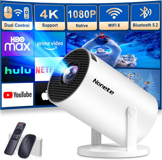 [Built-in Apps] Mini Projector with WIFI 6 and Bluetooth5.2 1080P 4K, Portable Projector Video, 180° Rotatable 130'' Screen Smart Projector, Auto Horizontal Correction Compatible for Laptop PC White