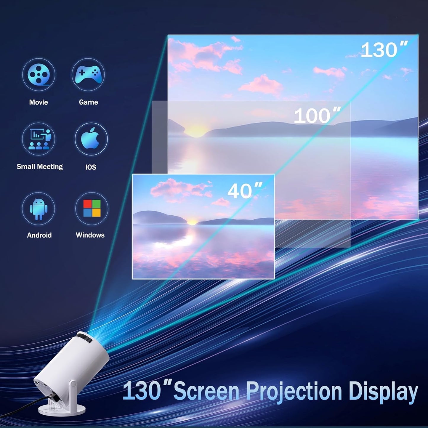 [Built-in Apps] Mini Projector with WIFI 6 and Bluetooth5.2 1080P 4K, Portable Projector Video, 180° Rotatable 130'' Screen Smart Projector, Auto Horizontal Correction Compatible for Laptop PC White